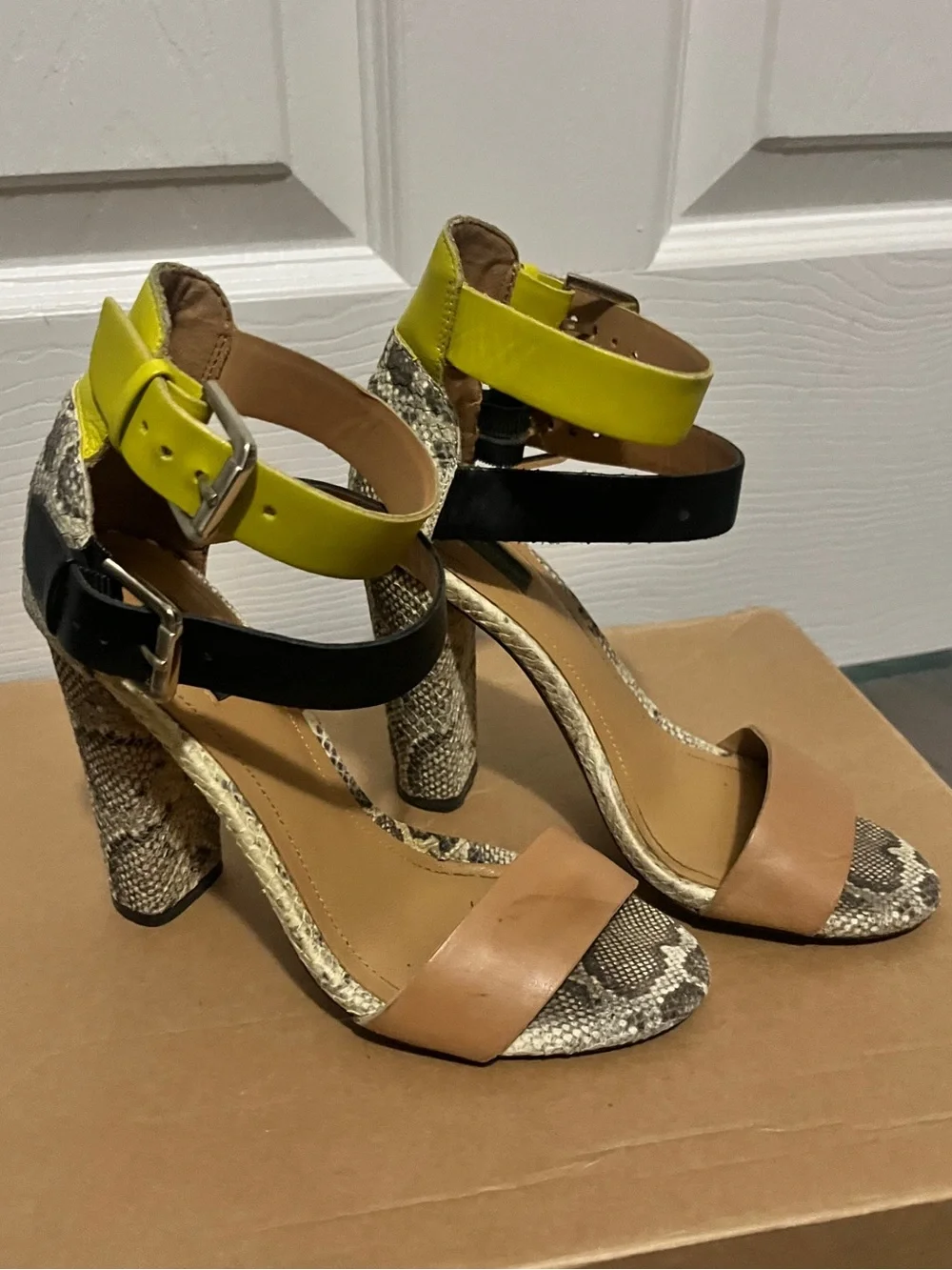Zara Multicolor Leather & Snake-Print Ankle Strap Sandals Heels - Picture 5 of 9